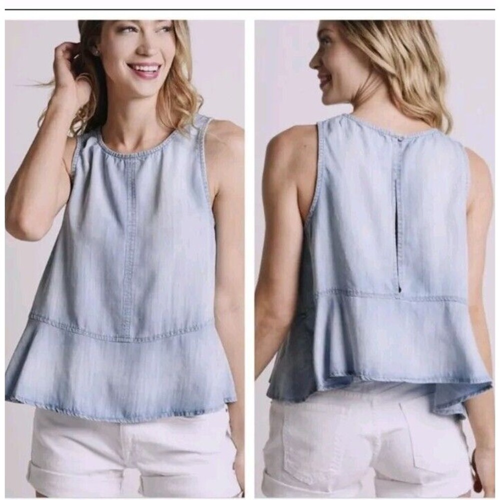 Anthro CLOTH & STONE BELLA DAHL SLEEVELESS HI LO PEPLUM TANK TOP BLUE Sz Small